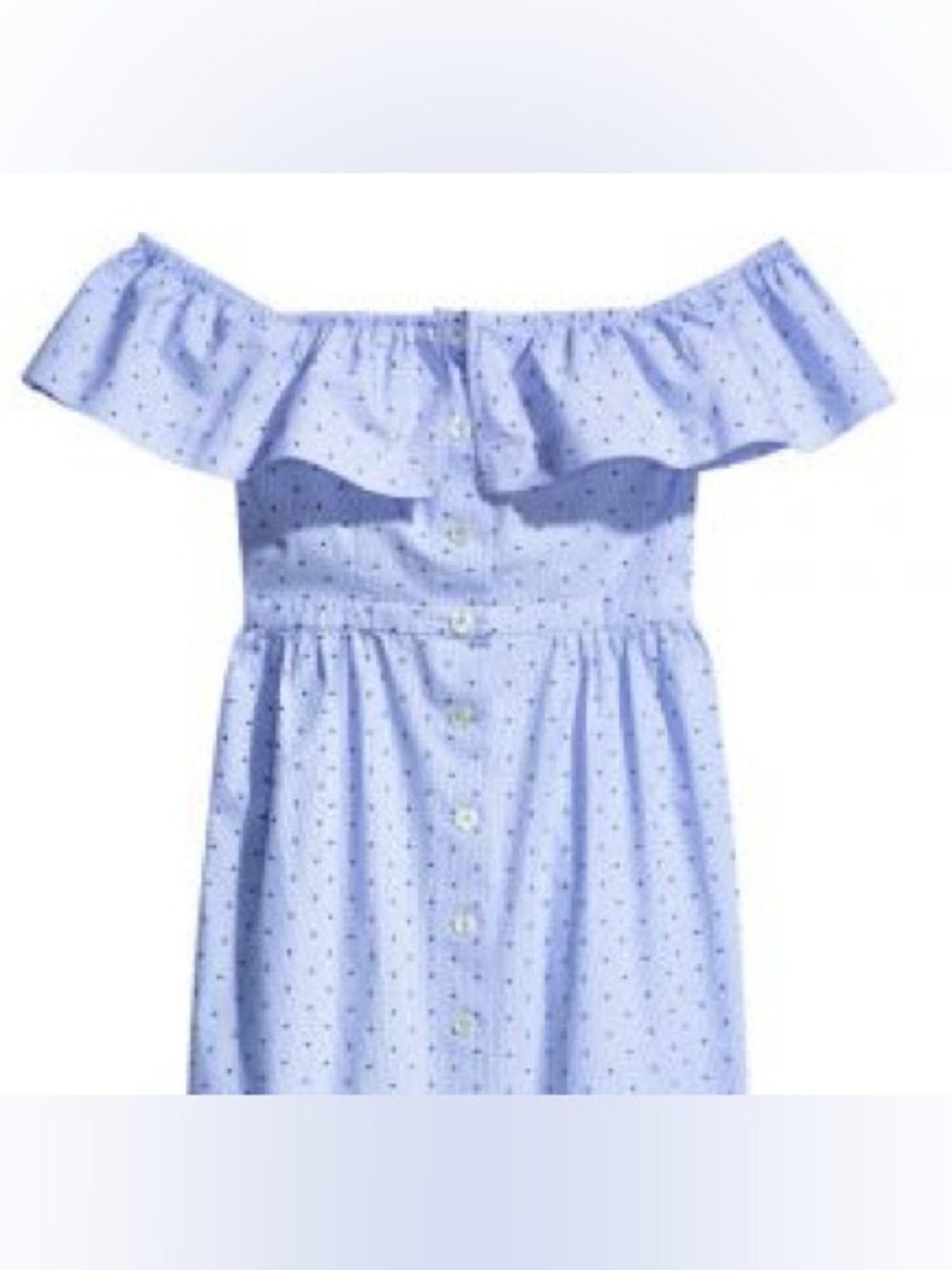 🩵 H&M Off Shoulder Midi Dress ✨ Blue Polka Dot Ruffle Button Front – Size 8 - Picture 6 of 7